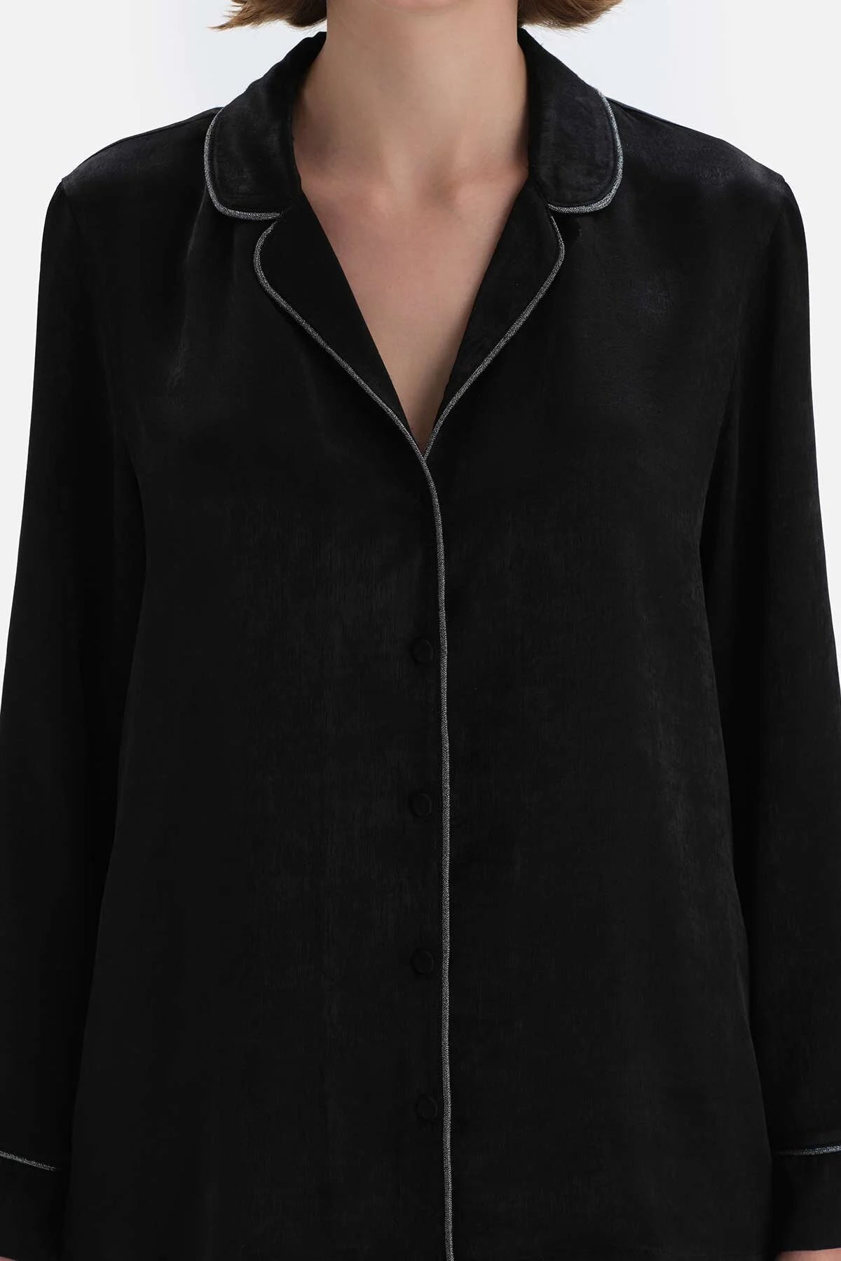 Women Black Shirt Collar Stripe Detailed Satin Pajama Set
