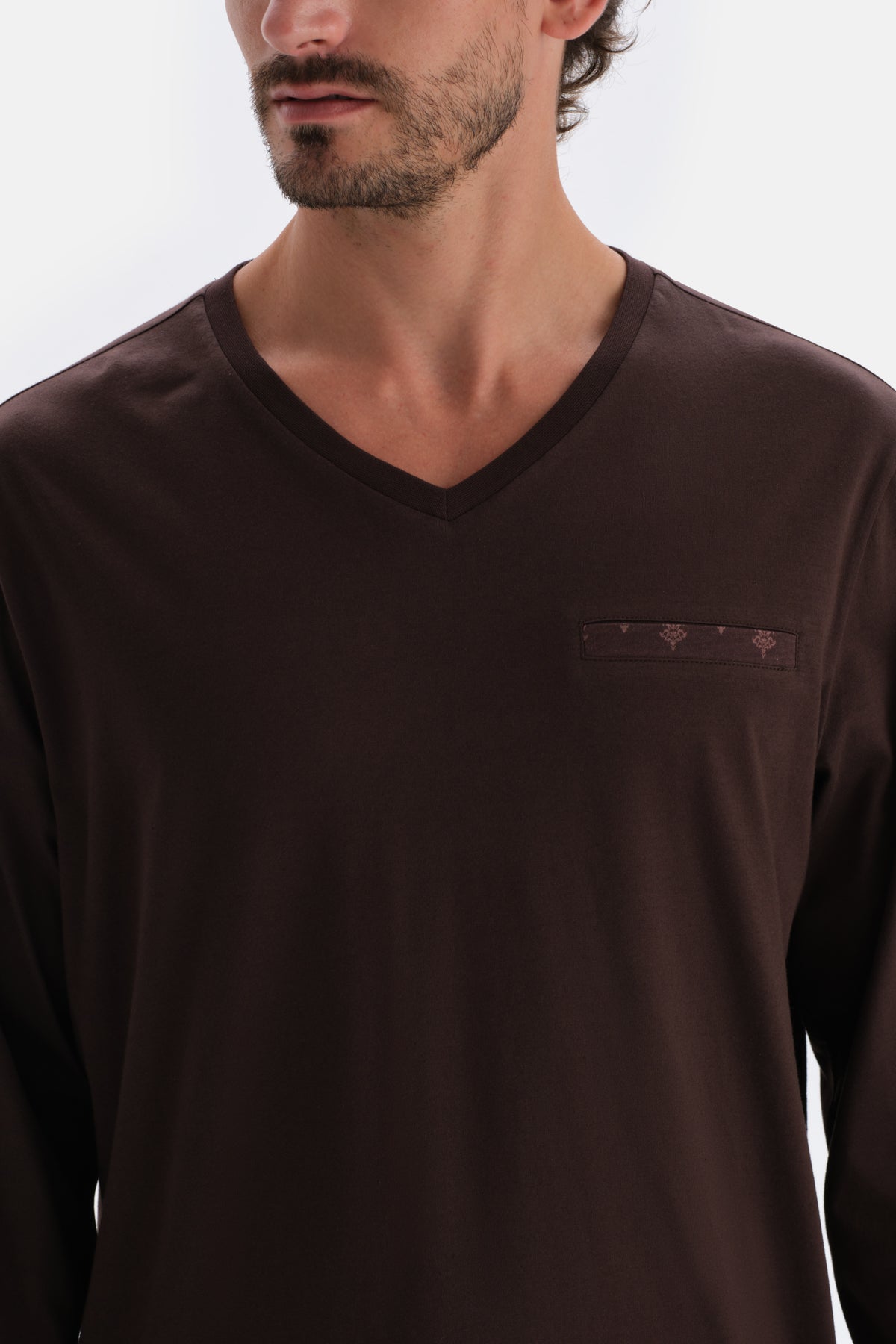 Men Dark Brown V-Neck Long Sleeve Cotton Modal Pajama