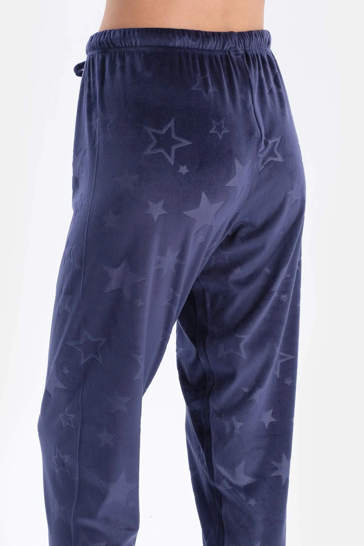 Women Navy Blue Seersucker Star Detailed Knitted Pajama Set