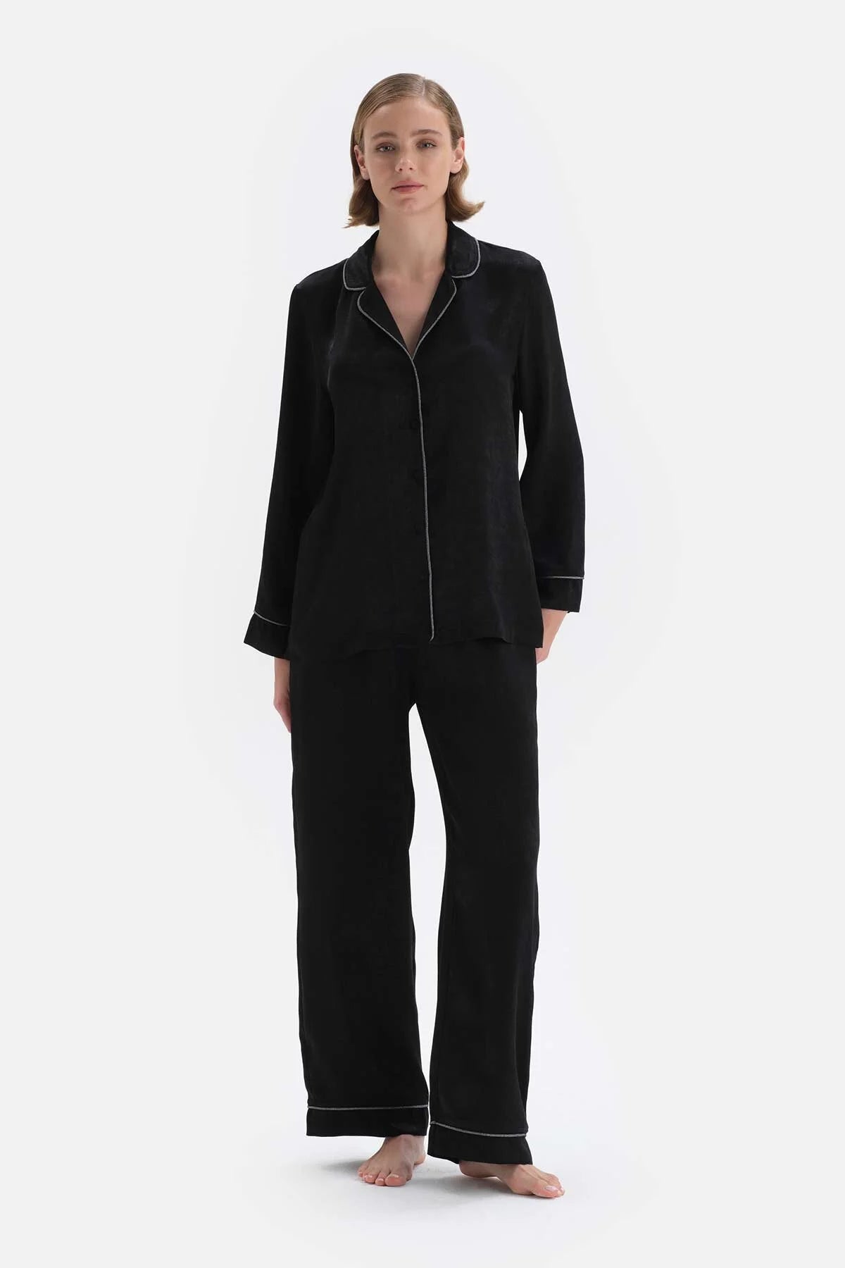 Women Black Shirt Collar Stripe Detailed Satin Pajama Set