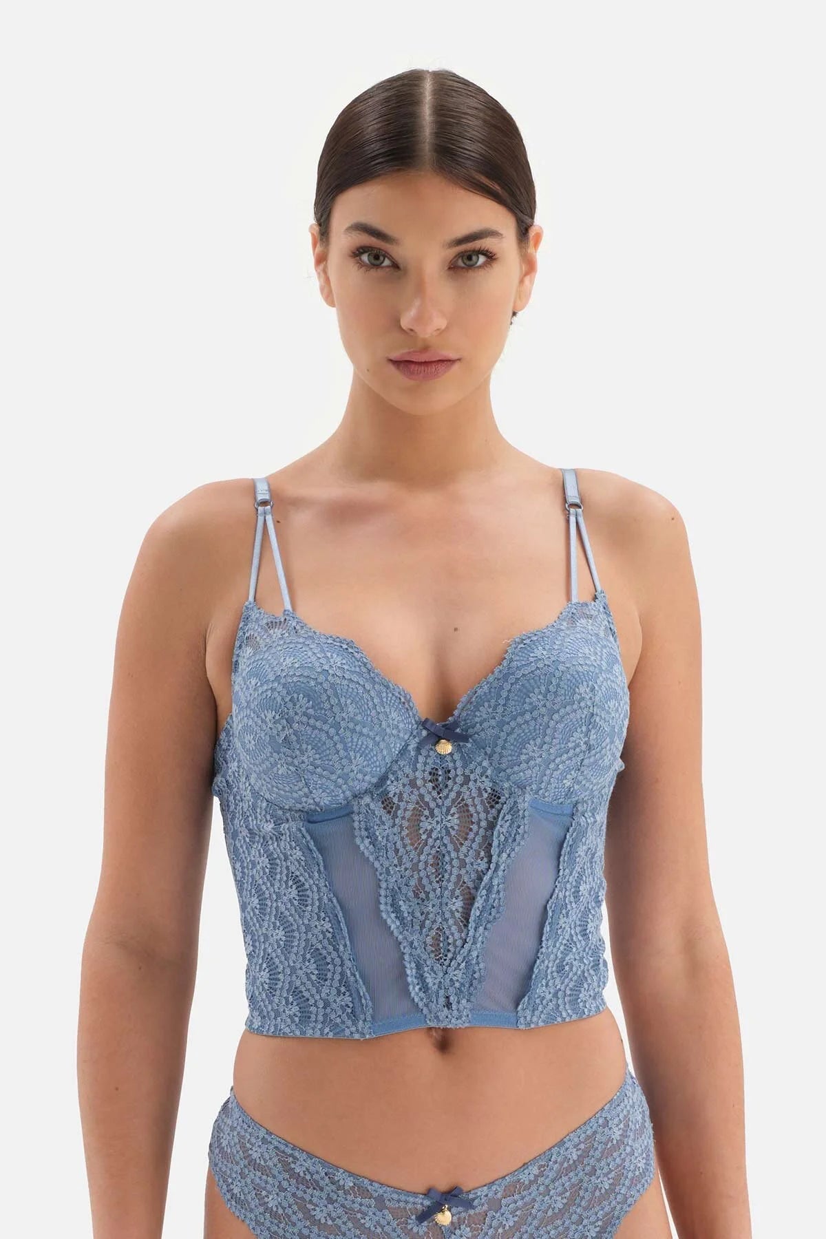 Blue lace and mesh padded bustier, Bras