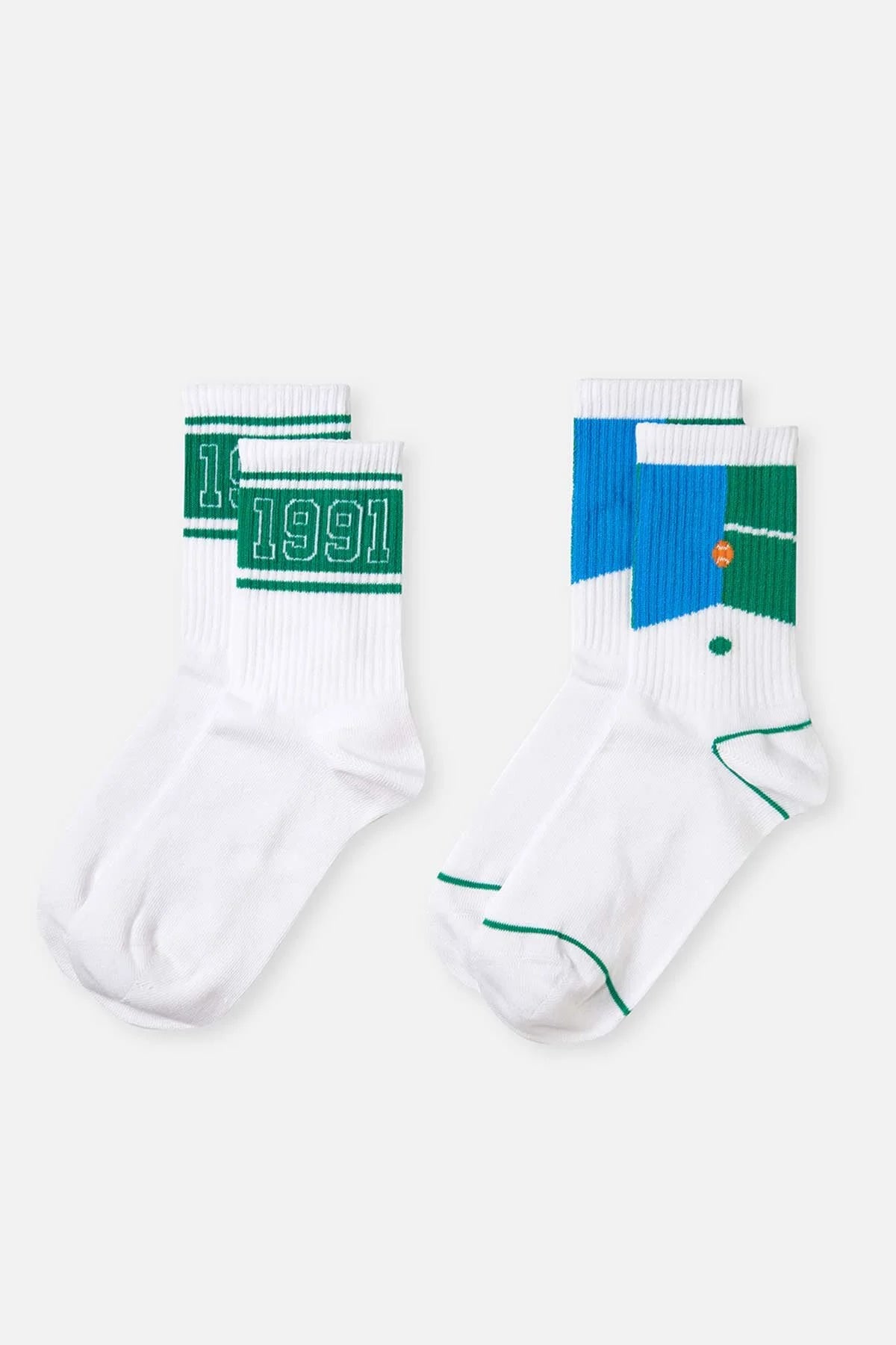 Green-White Women's 2-Piece Tennis Ball Patterned Sports Socks